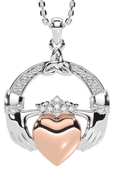 Diamond Rose Gold Silver Claddagh Trinity knot Necklace