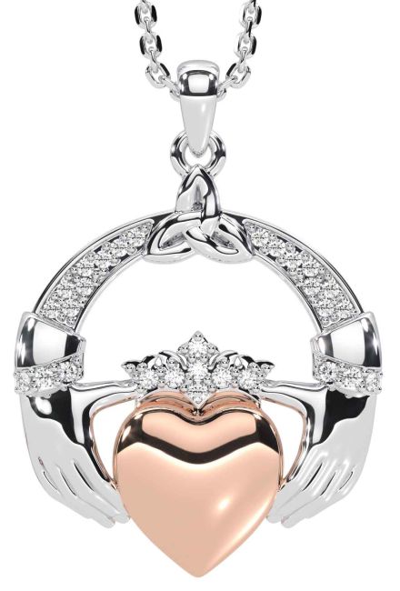 Diamond White Rose Gold Claddagh Trinity knot Necklace
