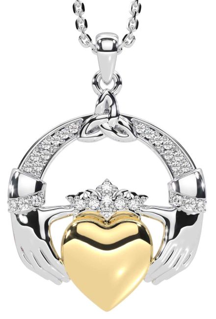 Diamond White Yellow Gold Claddagh Trinity knot Necklace