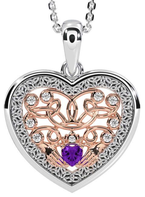 Diamond Amethyst Rose Gold Silver Celtic Claddagh Trinity Knot Heart Necklace