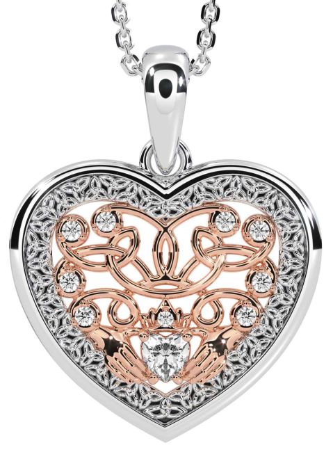 Diamond Rose Gold Silver Celtic Claddagh Trinity Knot Heart Necklace