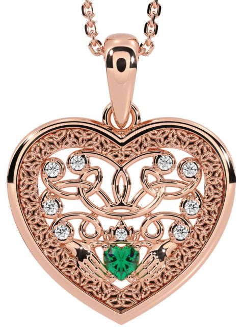 Diamond Emerald Rose Gold Silver Celtic Claddagh Trinity Knot Heart Necklace