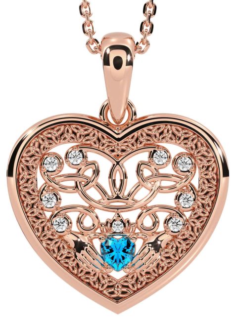 Diamond Topaz Rose Gold Silver Celtic Claddagh Trinity Knot Heart Necklace