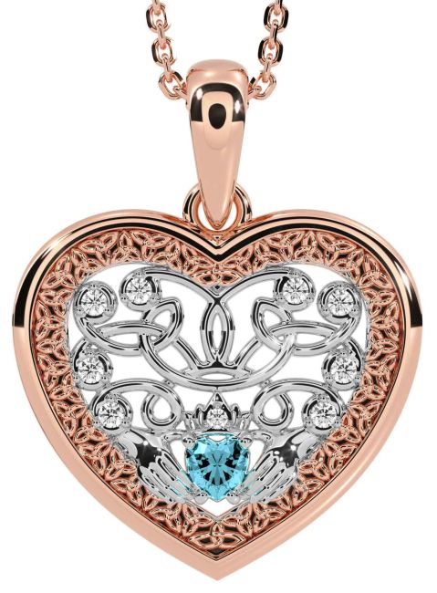 Diamond Aquamarine Rose Gold Silver Celtic Claddagh Trinity Knot Heart Necklace