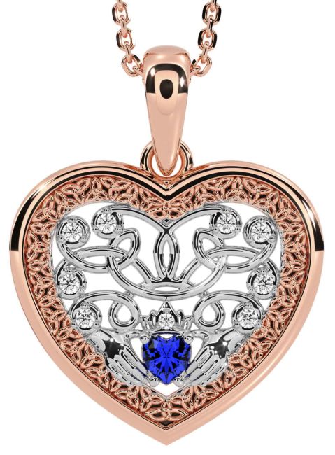 Diamond Sapphire Rose Gold Silver Celtic Claddagh Trinity Knot Heart Necklace