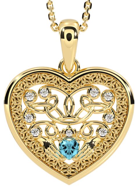 Diamond Aquamarine Gold Silver Celtic Claddagh Trinity Knot Heart Necklace