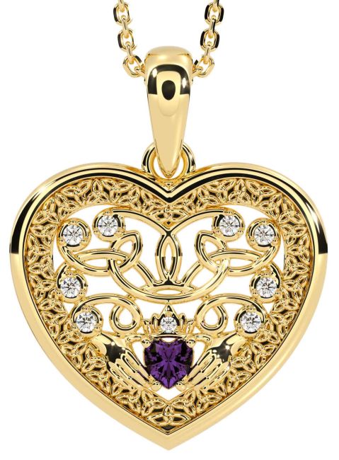 Diamond Alexandrite Gold Silver Celtic Claddagh Trinity Knot Heart Necklace