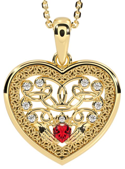 Diamond Ruby Gold Silver Celtic Claddagh Trinity Knot Heart Necklace
