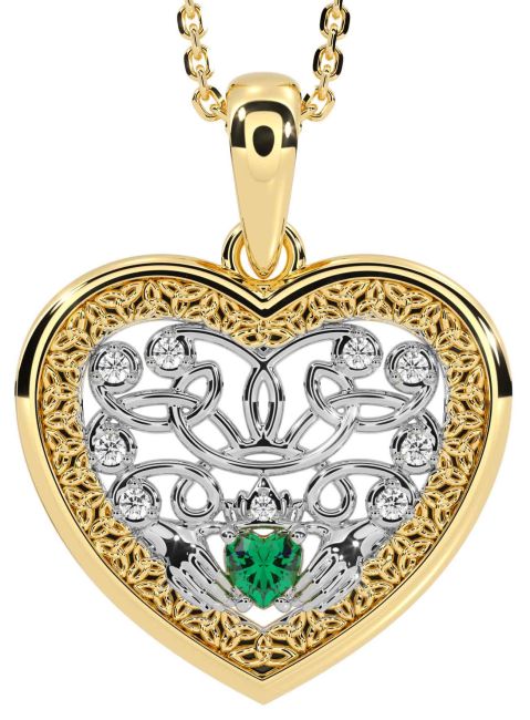 Diamond Emerald Gold Silver Celtic Claddagh Trinity Knot Heart Necklace