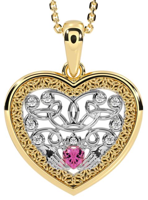 Diamond Pink Tourmaline Gold Silver Celtic Claddagh Trinity Knot Heart Necklace