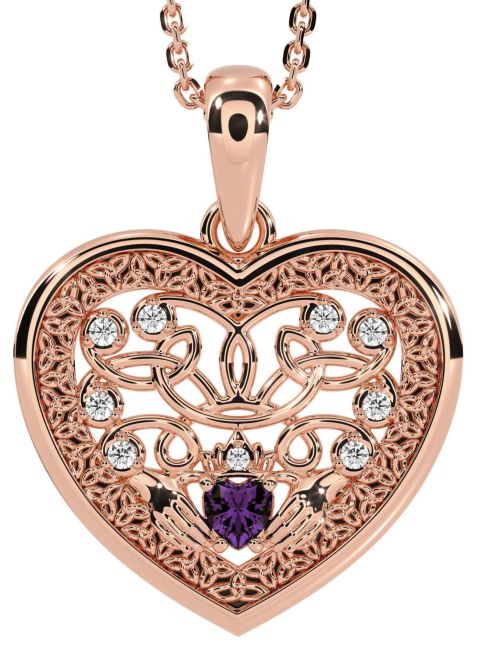 Diamond Alexandrite Rose Gold Celtic Claddagh Trinity Knot Heart Necklace