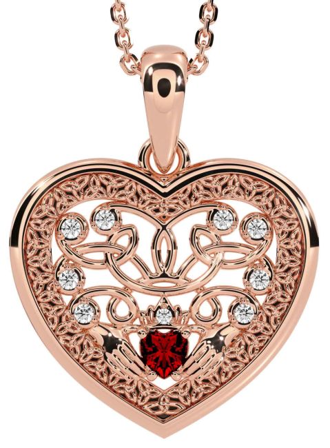 Diamond Garnet Rose Gold Celtic Claddagh Trinity Knot Heart Necklace