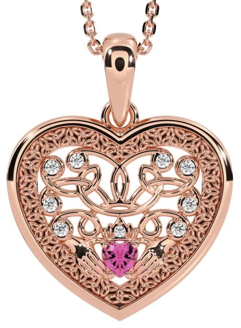 Diamond Pink Tourmaline Rose Gold Celtic Claddagh Trinity Knot Heart Necklace