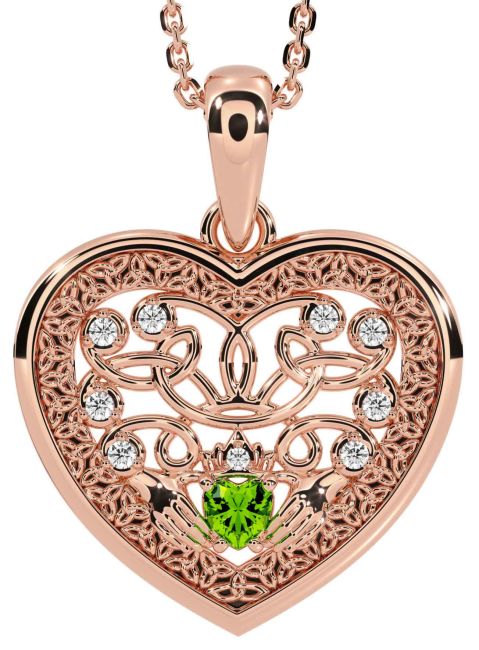Diamond Peridot Rose Gold Celtic Claddagh Trinity Knot Heart Necklace
