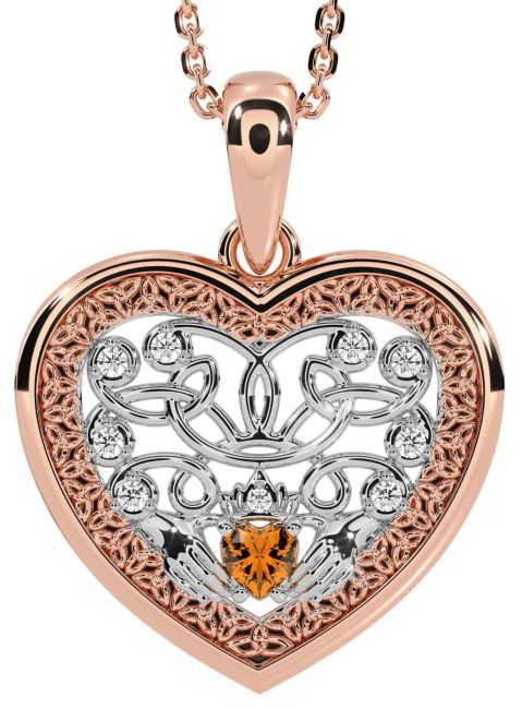 Diamond Citrine White Rose Gold Celtic Claddagh Trinity Knot Heart Necklace