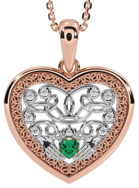 Diamond Emerald White Rose Gold Celtic Claddagh Trinity Knot Heart Necklace