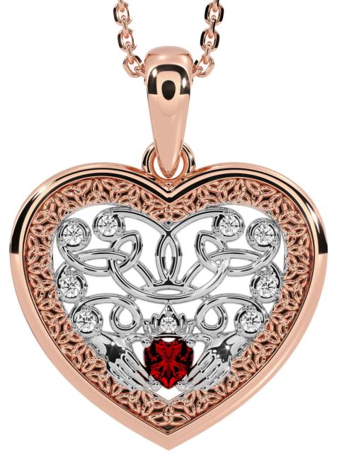 Diamond Garnet White Rose Gold Celtic Claddagh Trinity Knot Heart Necklace