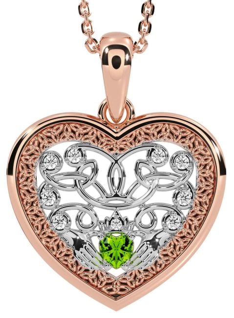 Diamond Peridot White Rose Gold Celtic Claddagh Trinity Knot Heart Necklace