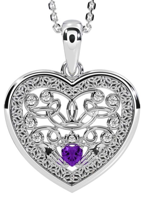 Diamond Amethyst Silver Celtic Claddagh Trinity Knot Heart Necklace