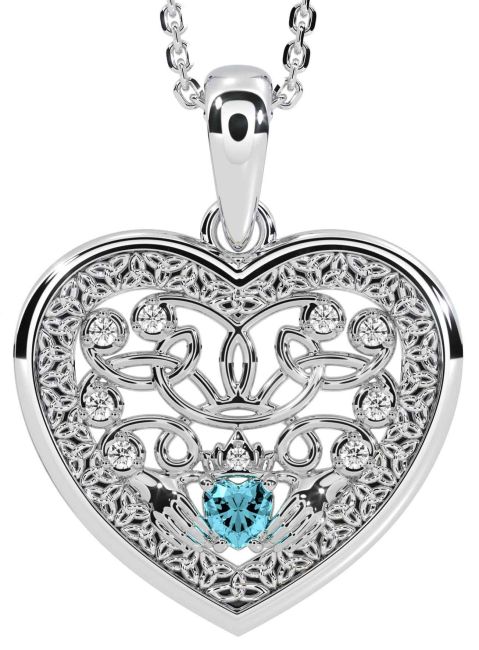 Diamond Aquamarine Silver Celtic Claddagh Trinity Knot Heart Necklace