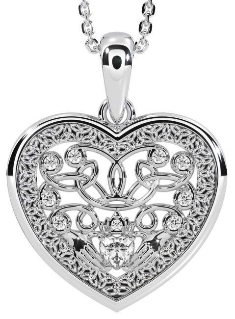 Diamond Silver Celtic Claddagh Trinity Knot Heart Necklace