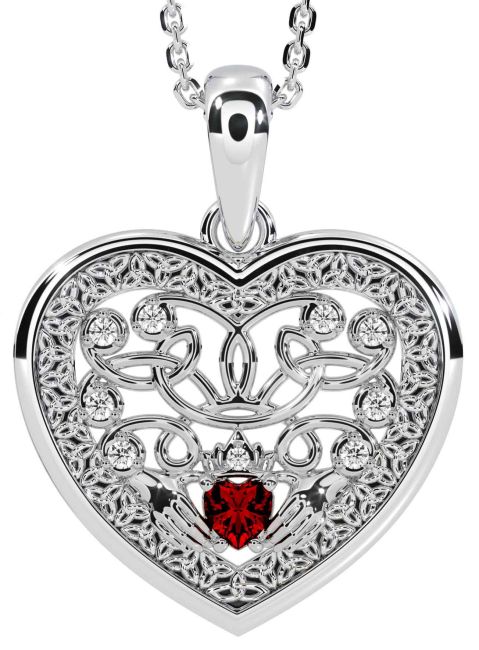Diamond Garnet Silver Celtic Claddagh Trinity Knot Heart Necklace