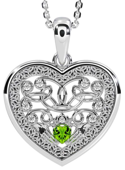 Diamond Peridot Silver Celtic Claddagh Trinity Knot Heart Necklace