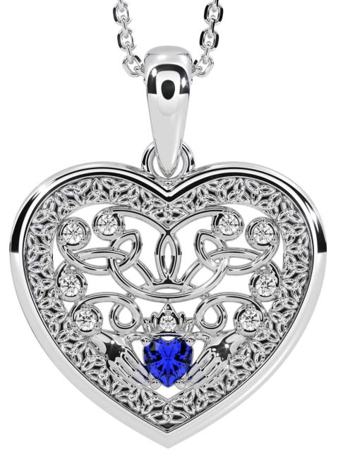 Diamond Sapphire Silver Celtic Claddagh Trinity Knot Heart Necklace