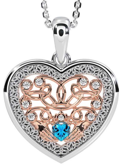 Diamond Topaz Rose Gold Silver Celtic Claddagh Trinity Knot Heart Necklace