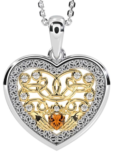 Diamond Citrine Gold Silver Celtic Claddagh Trinity Knot Heart Necklace