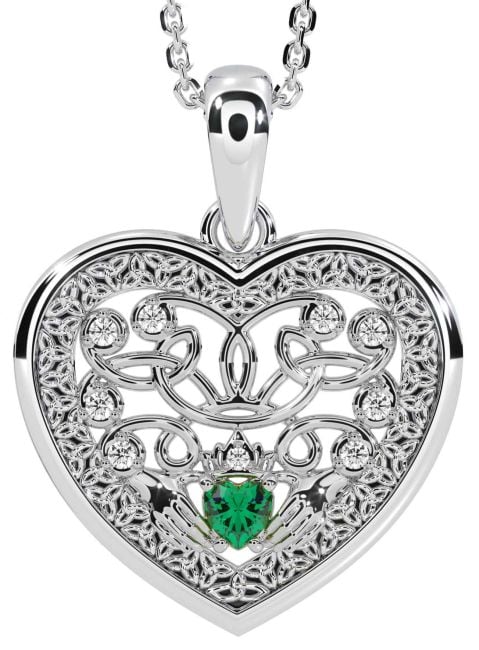 Diamond Emerald White Gold Celtic Claddagh Trinity Knot Heart Necklace