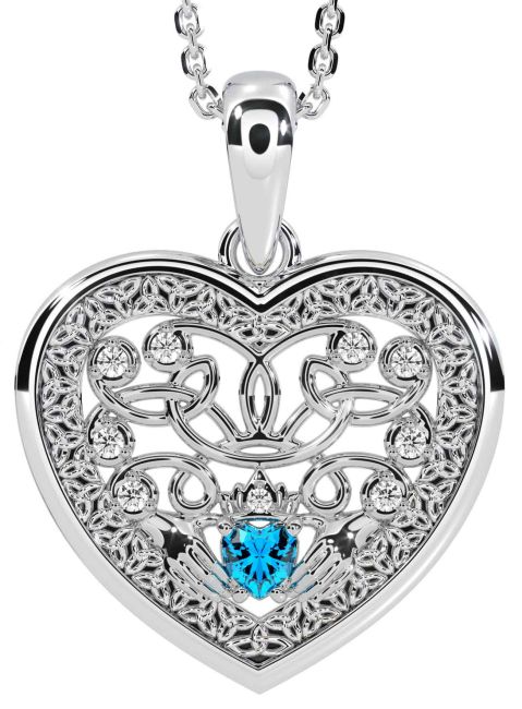 Diamond Topaz White Gold Celtic Claddagh Trinity Knot Heart Necklace