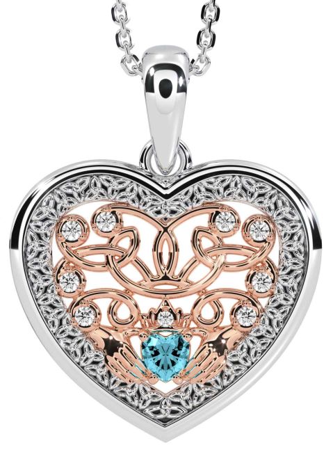 Diamond Aquamarine White Rose Gold Celtic Claddagh Trinity Knot Heart Necklace