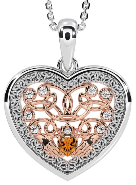 Diamond Citrine White Rose Gold Celtic Claddagh Trinity Knot Heart Necklace