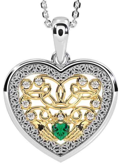 Diamond Emerald White Yellow Gold Celtic Claddagh Trinity Knot Heart Necklace