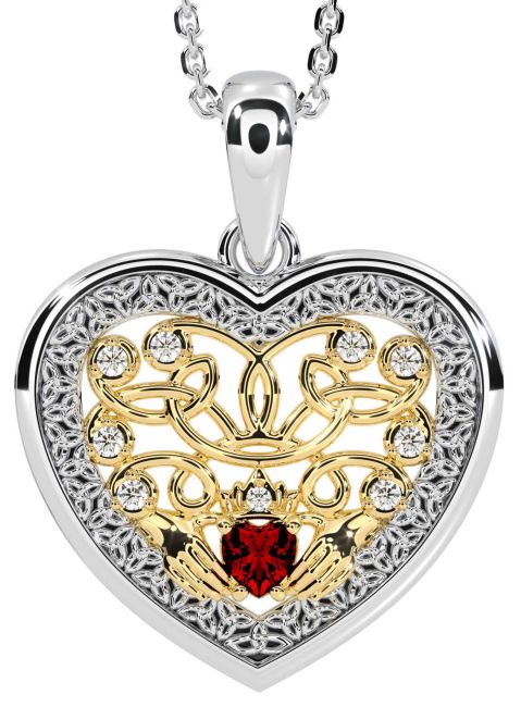 Diamond Garnet White Yellow Gold Celtic Claddagh Trinity Knot Heart Necklace