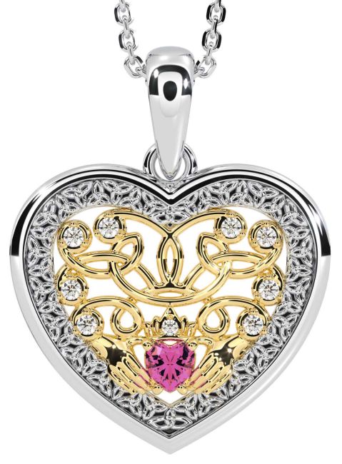 Diamond Pink Tourmaline White Yellow Gold Celtic Claddagh Trinity Knot Heart Necklace