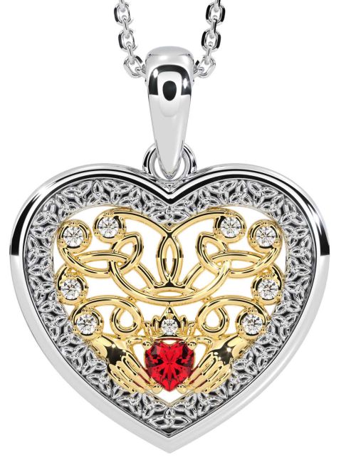 Diamond Ruby White Yellow Gold Celtic Claddagh Trinity Knot Heart Necklace