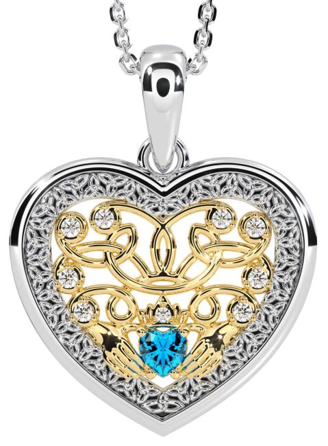 Diamond Topaz White Yellow Gold Celtic Claddagh Trinity Knot Heart Necklace