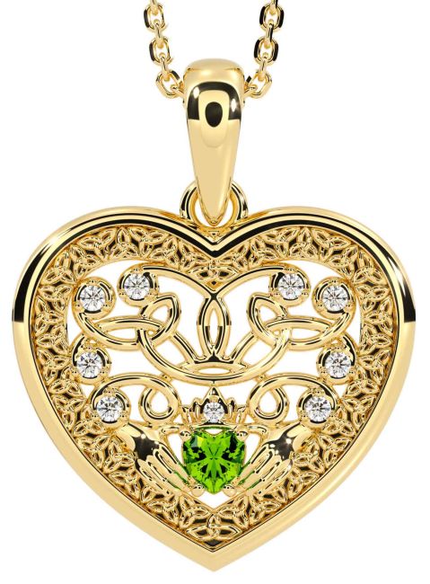Diamond Peridot Gold Celtic Claddagh Trinity Knot Heart Necklace