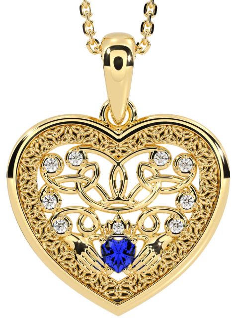 Diamond Sapphire Gold Celtic Claddagh Trinity Knot Heart Necklace