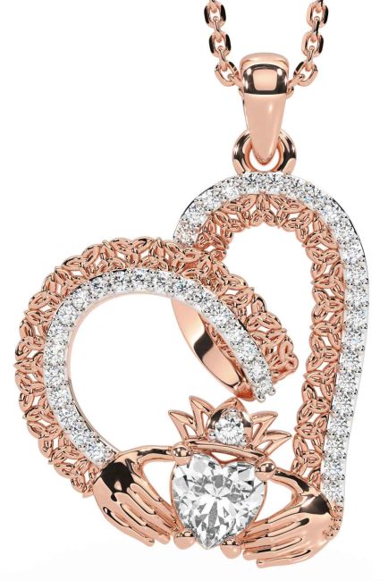 Diamond Rose Gold Silver Claddagh Trinity knot Necklace