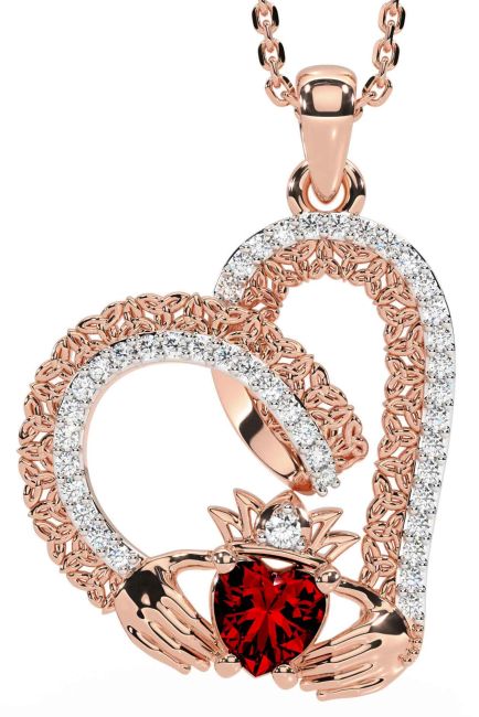 Diamond Garnet Rose Gold Silver Claddagh Trinity knot Necklace