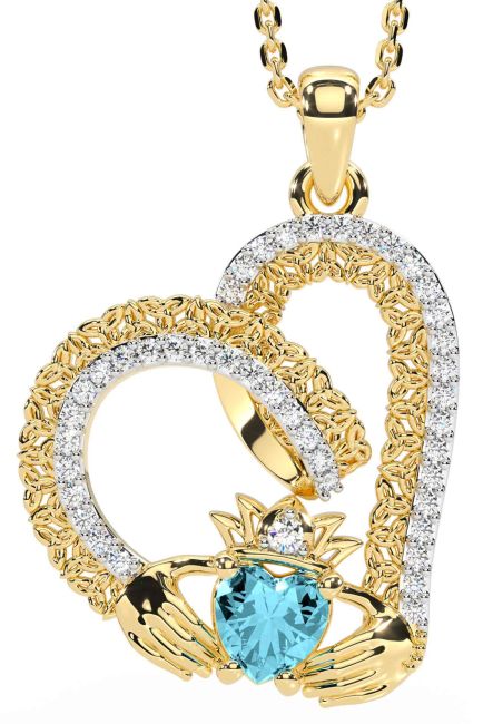 Diamond Aquamarine Gold Silver Claddagh Trinity knot Necklace
