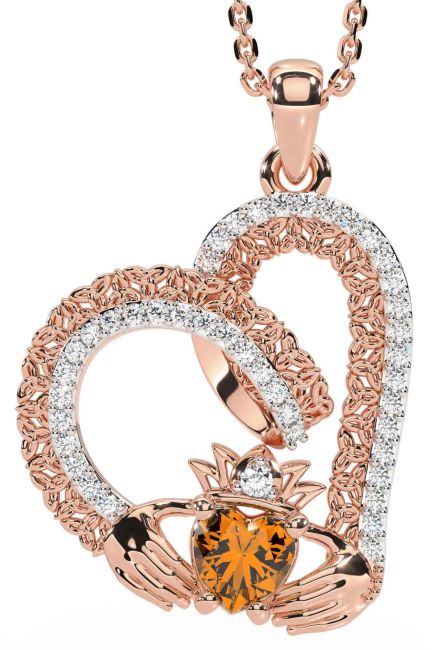 Diamond Citrine Rose Gold Claddagh Trinity knot Necklace