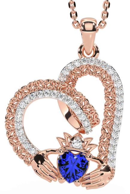 Diamond Sapphire Rose Gold Claddagh Trinity knot Necklace