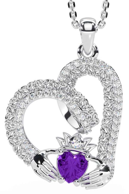 Diamond Amethyst Silver Claddagh Trinity knot Necklace