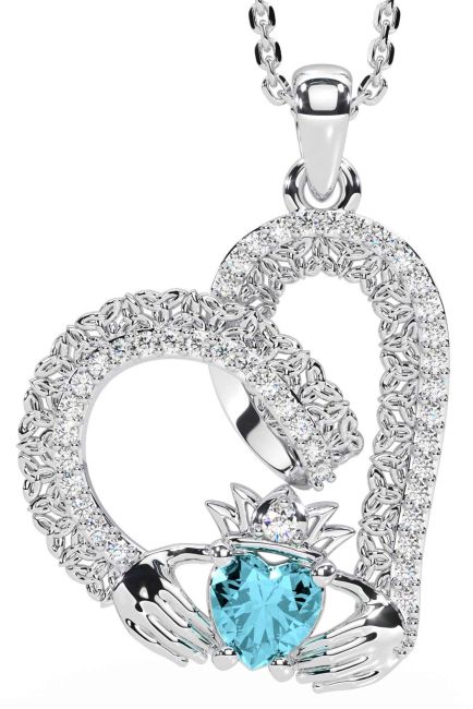 Diamond Aquamarine Silver Claddagh Trinity knot Necklace