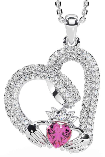 Diamond Pink Tourmaline Silver Claddagh Trinity knot Necklace