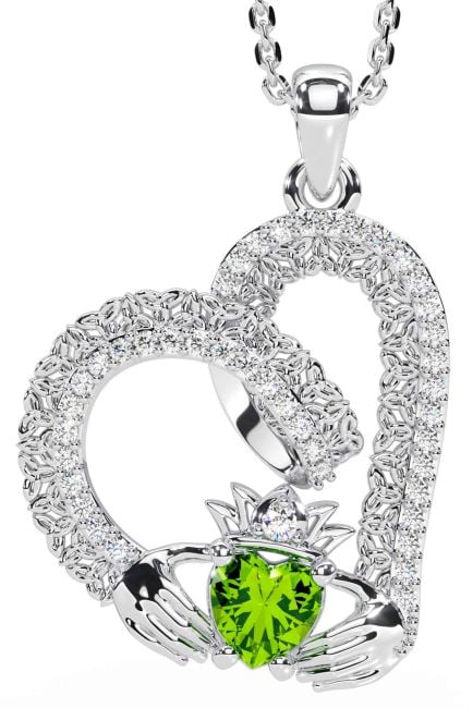 Diamond Peridot Silver Claddagh Trinity knot Necklace